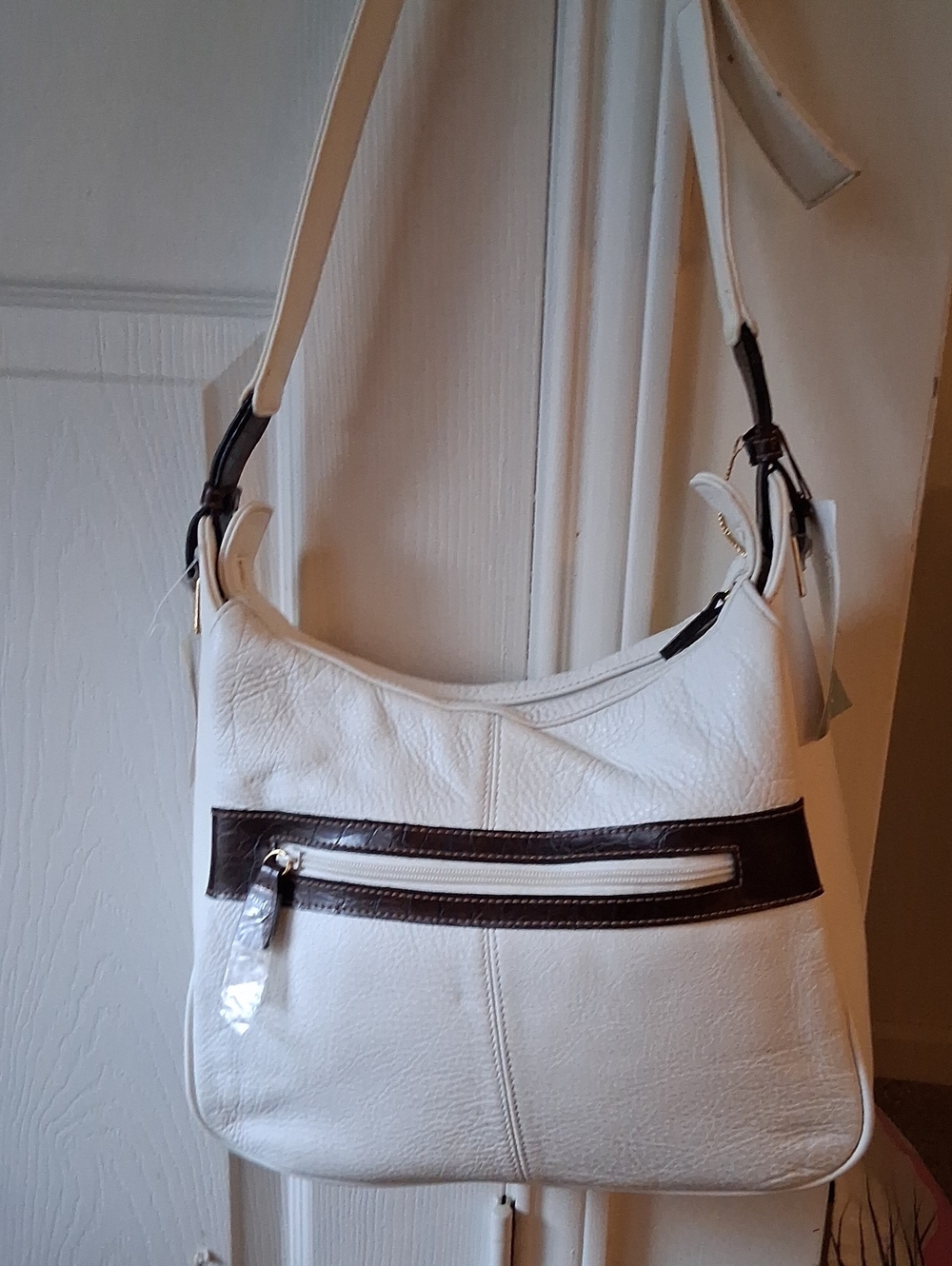 Women's White Leather Shoulder Bag with Dark Brown Trim